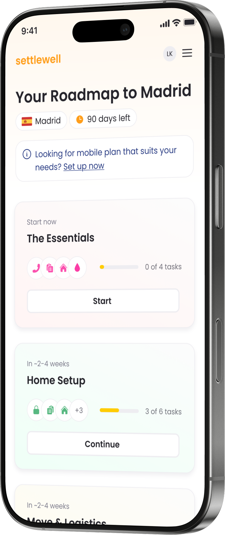 Settlewell mobile app showing a Spain move-in roadmap
